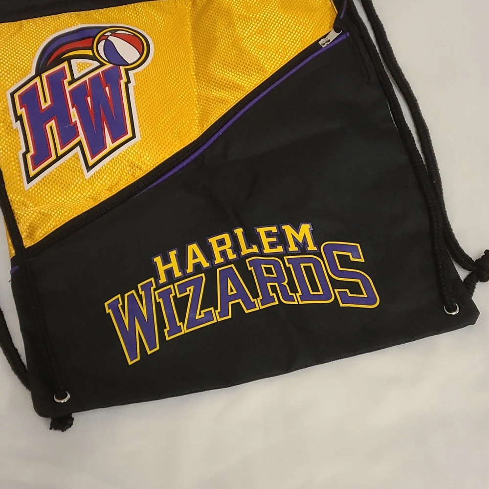 Harlem Wizards Basketball String Bag Travel Bag Bookbag Black Yellow Purple OS